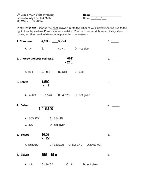 6Th Grade Math Questions Worksheet