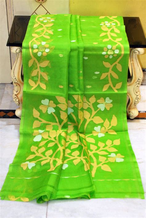 Handwoven Muslin Silk Jamdani Saree in Bright Green, Matt Yellow and O ...