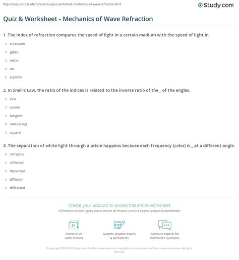 Quiz & Worksheet - Mechanics of Wave Refraction | Study.com