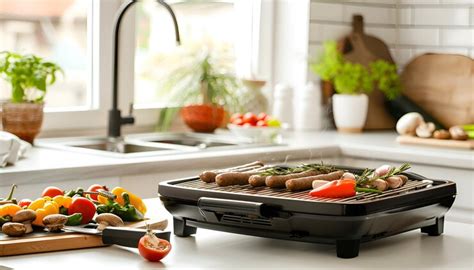 Electric grill with homemade sausages mushrooms vegetables and spices ...