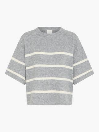ICHI Dasila Stripe Elbow Sleeve Jumper, Grey Melange/Almond Milk