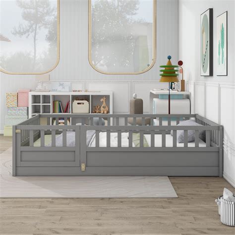 DreamBuck Full Size Floor Bed with High Fence, Door and Slats, Kids Bed ...