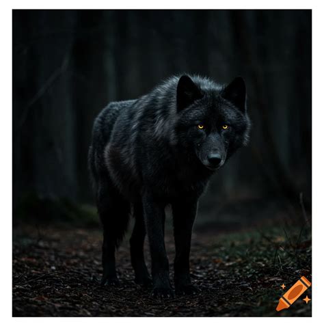 Full body image of a black wolf with golden eyes in a dark forest at ...