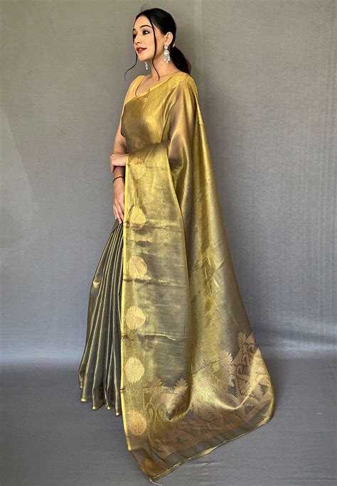 Lime Green Elegant Woven Tissue Silk Saree with Gold Accents