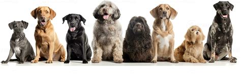 Group of mixed breed dogs sitting in a row on white background ...
