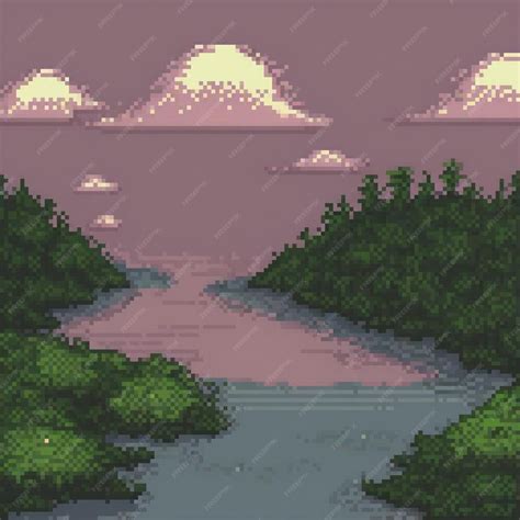 Un pixel art que representa un río sereno que fluye a través de ...