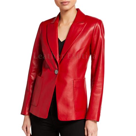 One-Button Red Leather Women Blazer