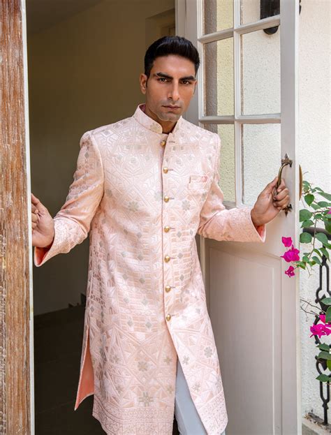 Mens Light Pink Embroidered Sherwani Set – Spring Break