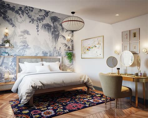 Grey And White Tropical Bedroom Wallpaper Design | Livspace
