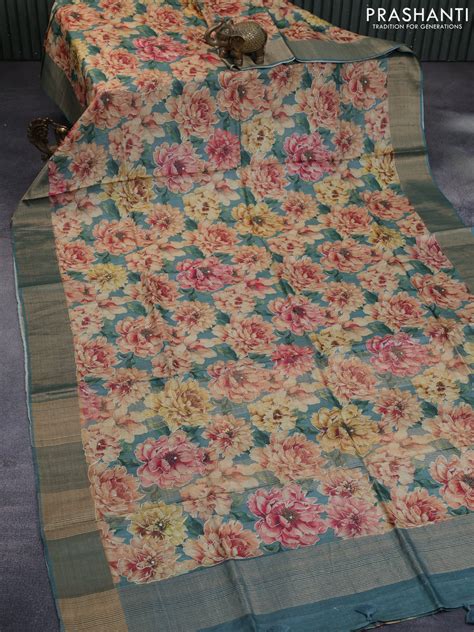 Pure tussar silk saree green shade with allover floral design pita wor ...
