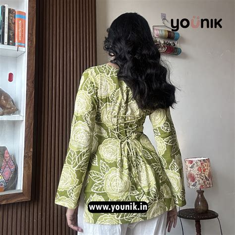 Olive Green Floral Printed Corset Back Pure Cotton Short Kurti – YOUNIK