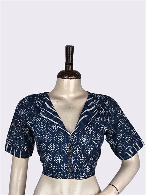 Indigo Center of Life Overlap Collar Hand Block Printed Cotton Blouse