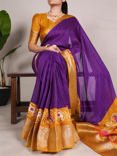 Purple Tussar Chex Saree with Patola Print and Weaving Work