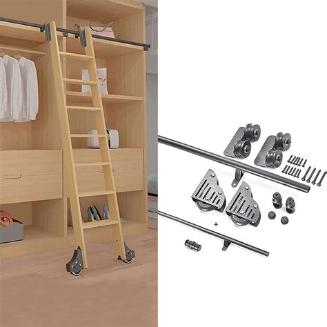 Rolling Library Ladder Kit with Floor Roller Wheels, Round Tube Mobile ...