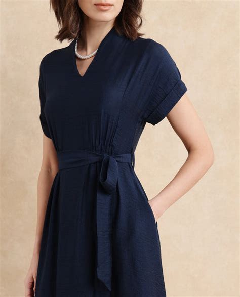 Rareism Women Ehlum Navy Extended Sleeves V-Neck A-Line Midi Plain Dre