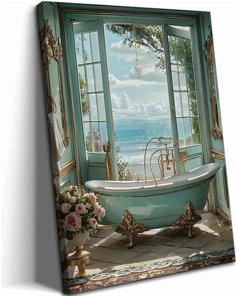 Amazon.com: Blue Ocean Theme Bathroom Canvas Wall Art Vintage Teal ...