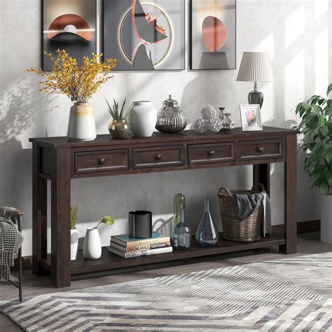 Console Table with 4 Drawers, Rustic Entryway Sofa Table with Storage ...