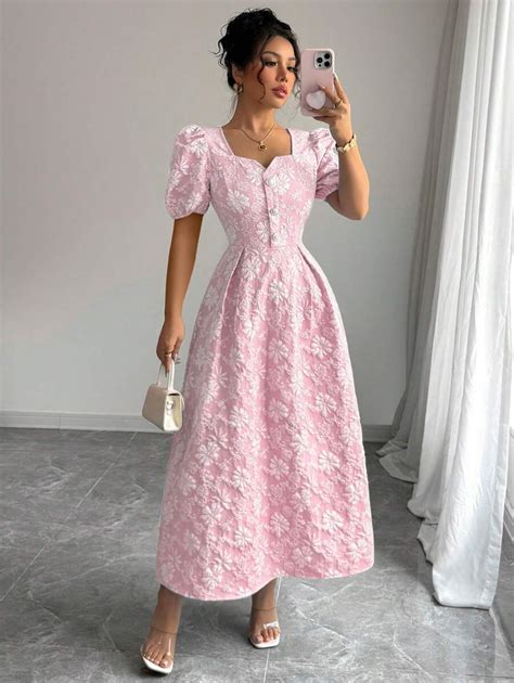 Elenzga Women's Elegant Floral & Geometric Jacquard Square Neck Fitted ...