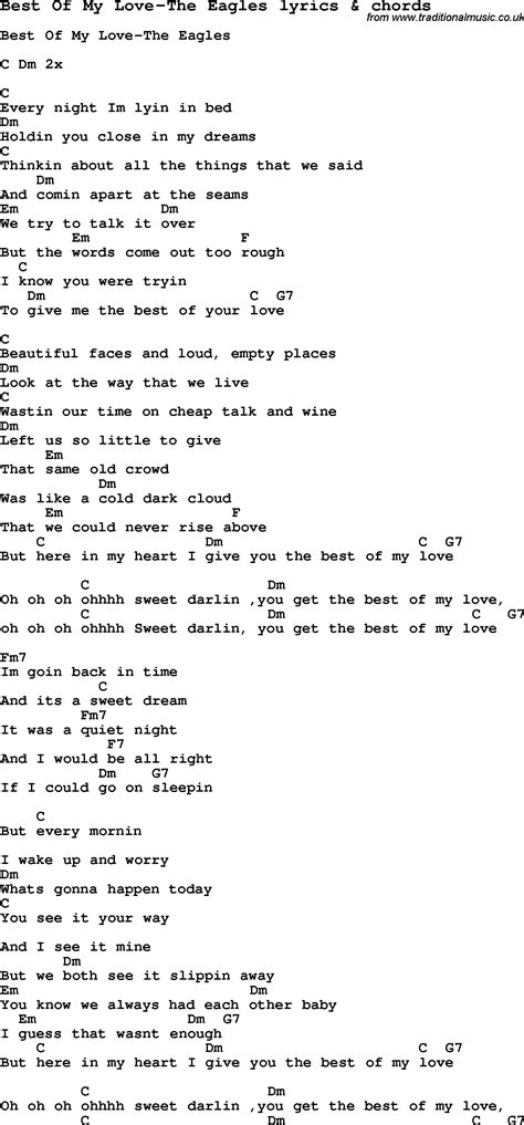 Love Song Lyrics for:Best Of My Love-The Eagles with chords.