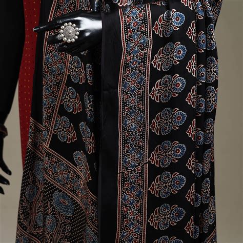 Black Hand Block Print Natural Dyed Modal Silk Ajrakh Dupatta with Tassels