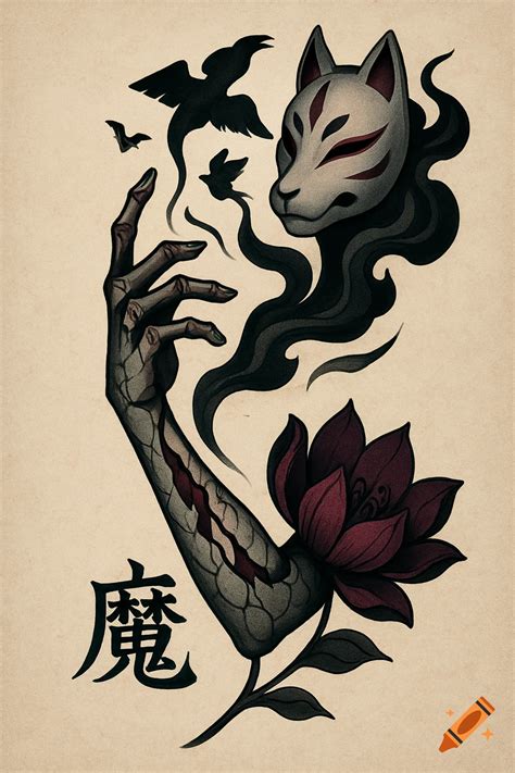 Neo-traditional tattoo art with a skeletal hand, kitsune mask, smoke ...