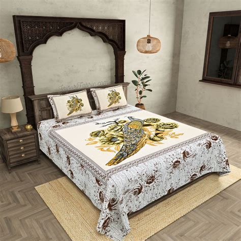 Royal Elegance Grey-Brown Peacock Cotton Double Bed Sheet – JaipurFabric®