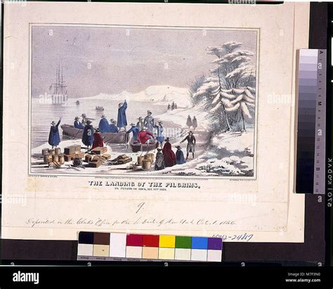 A lithograph depicting the landing of the Pilgrims on Plymouth Rock ...