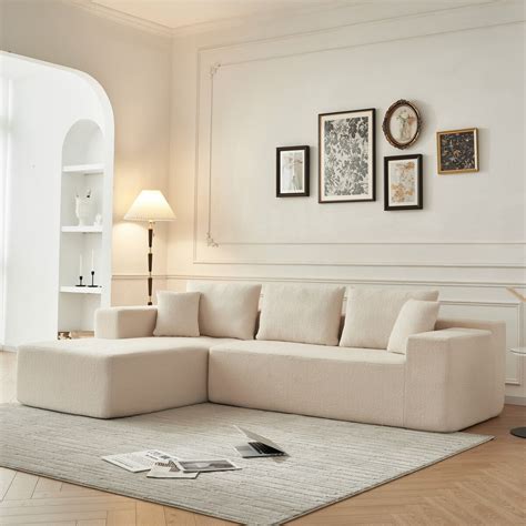 Beige 114" Lambswool Upholstered Modular L-Shaped Floor Sectional Sofa ...