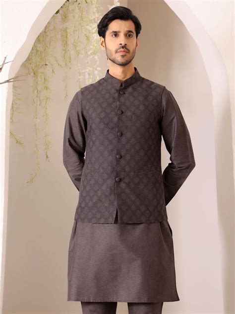 Intense Gray Handwoven Cotton Jacquard Nehru Jacket – See Designs