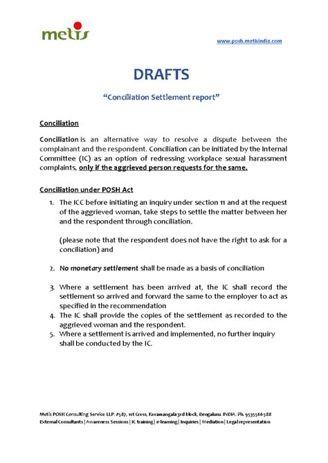 Metis POSH Draft Conciliation Settlement Report Template - Studocu