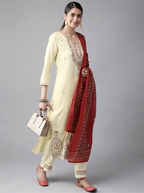 Cream & Red Embroidered Dupatta Set freeshipping - Yufta Store