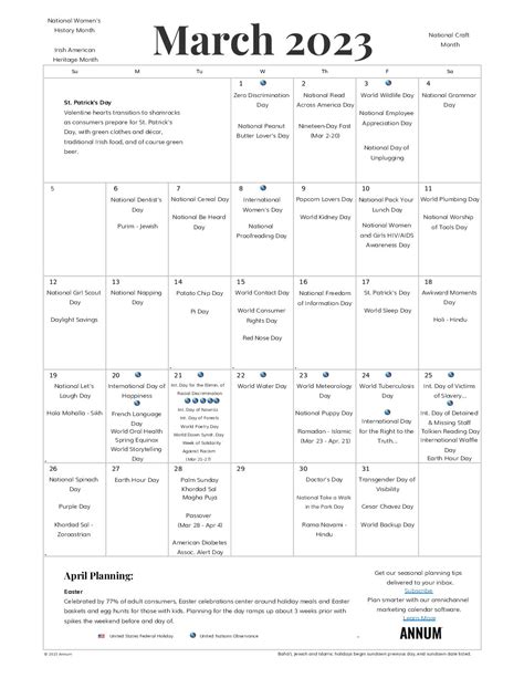 Printable March 2023 Calendar | March Holidays | Annum