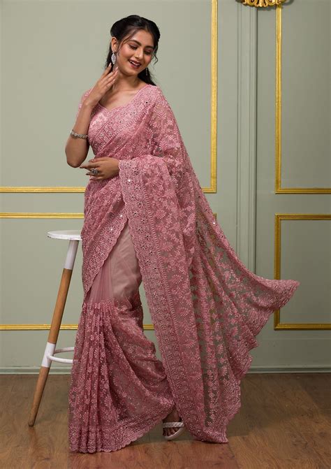 Onion Pink Threadwork Net Designer Saree – bollywoodlehenga