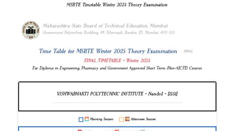 MSBTE Winter 2025 Theory Exam Timetable - Vishwabharti Polytechnic ...