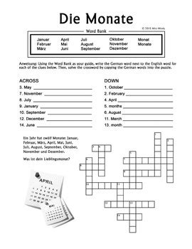 Die Monate German Months Crossword Puzzle Worksheet by Miss Mindy