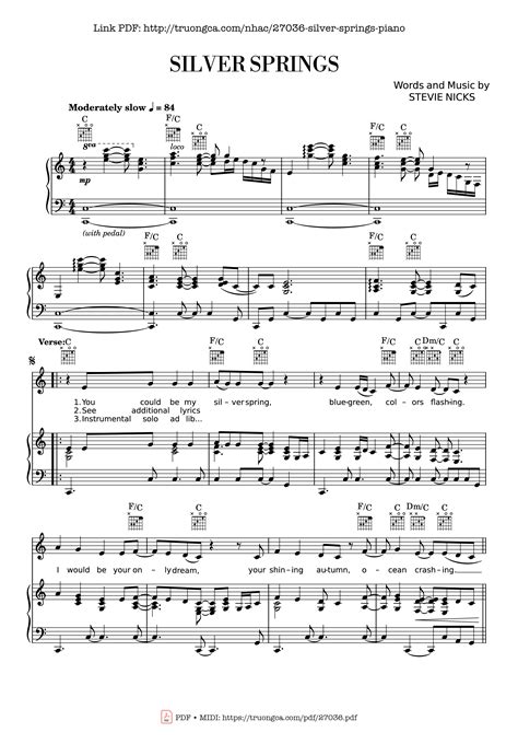 [Sheet] Silver Springs Piano PDF, hợp âm Piano, mp4/midi