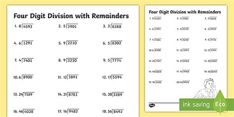 Four-Digit Division with Remainders Worksheet for 4th-5th Grade