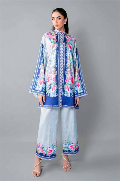 Front & Back Work Ice Blue Imported Cotton Printed Pakistani Palazzo Co ...