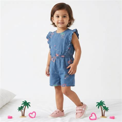 Cotton Denim Playsuit With Palm Tree And Neon Heart Embroidery - Blue ...