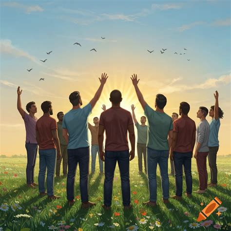 Digital painting of men in a field with arms raised towards a bright ...