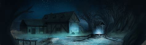 Download wallpaper light, trees, night, house, magic, stars, well, art ...