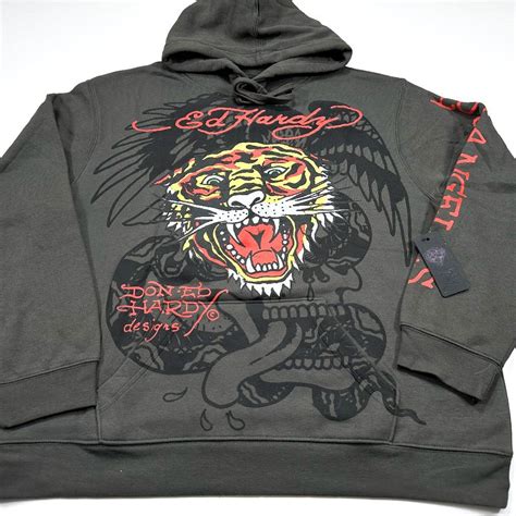 Ed Hardy Hoodie Men's M Gray Los Angeles Tiger Fleece Pullover Sweater ...