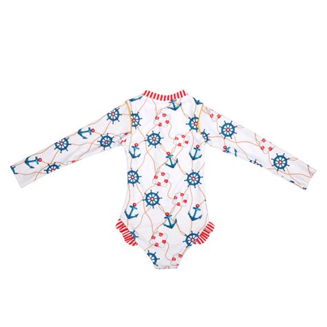 Girls Nautical Long Sleeve Swimsuit with Zip - Olga Valentine Swimwear