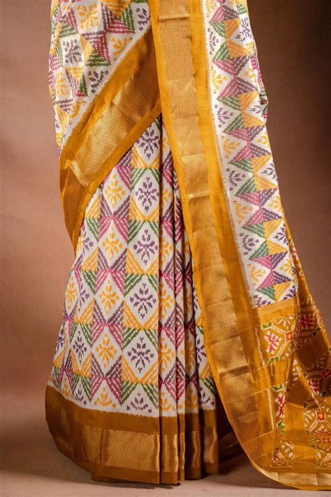Multicolor Pochampally Saree with Mustard Border - That Saree Shop
