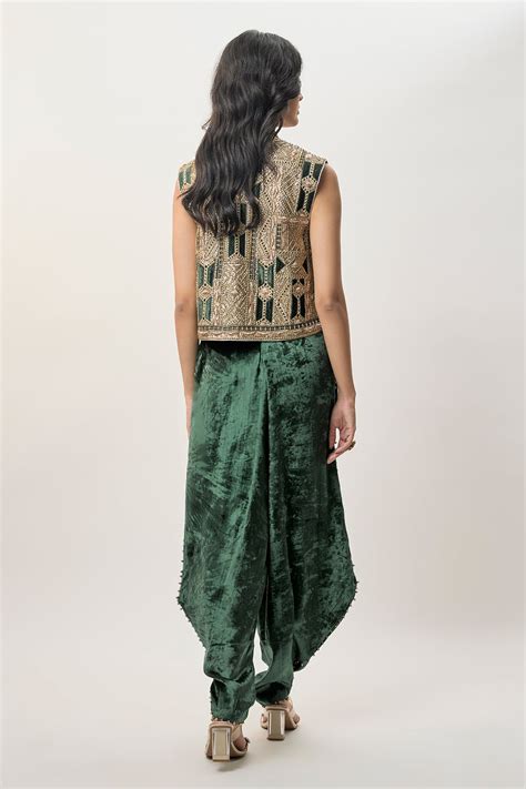 Delnaz Emerald Green Georgette Embroidered Sleeveless Jacket And Velve