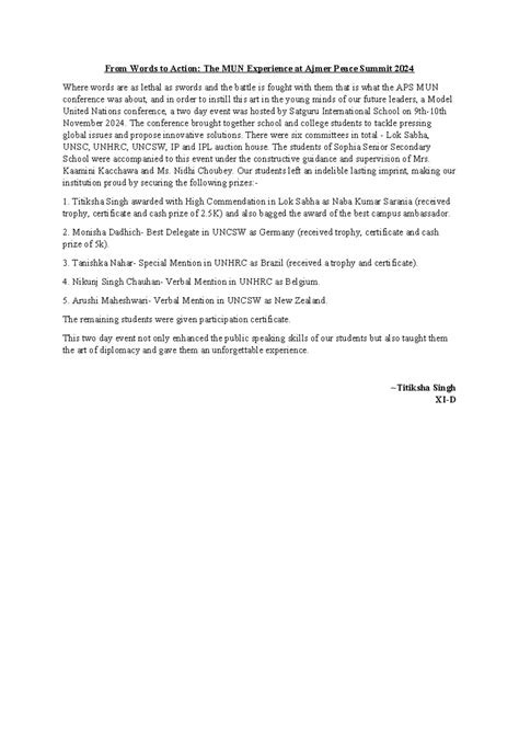 APS MUN 2024 Report: Highlights from the Ajmer Peace Summit - Studocu