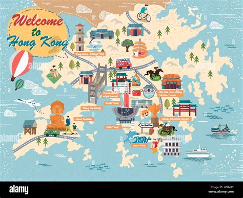 attractive Hong Kong travel map with attractions icons in flat design Stock Vector Image & Art ...