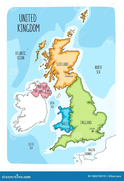 Hand Drawn Map of the United Kingdom Including England, Wales, Scotland and Northern Ireland and ...