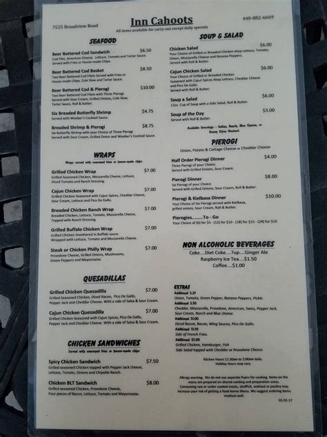 Menu at Inn Cahoots Bar, Seven Hills