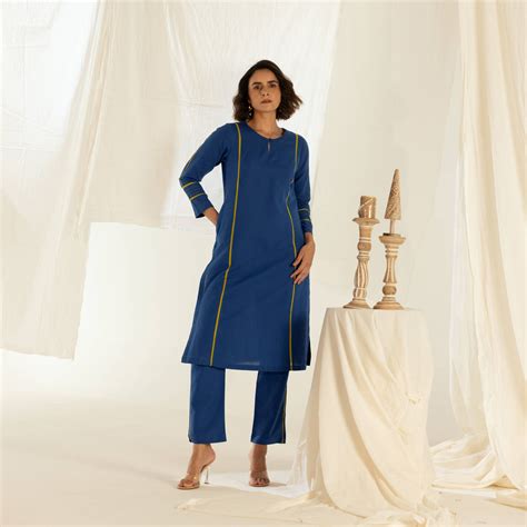Blue Cotton Linen Kurta Pant Set in Contrast Piping – Ekohum